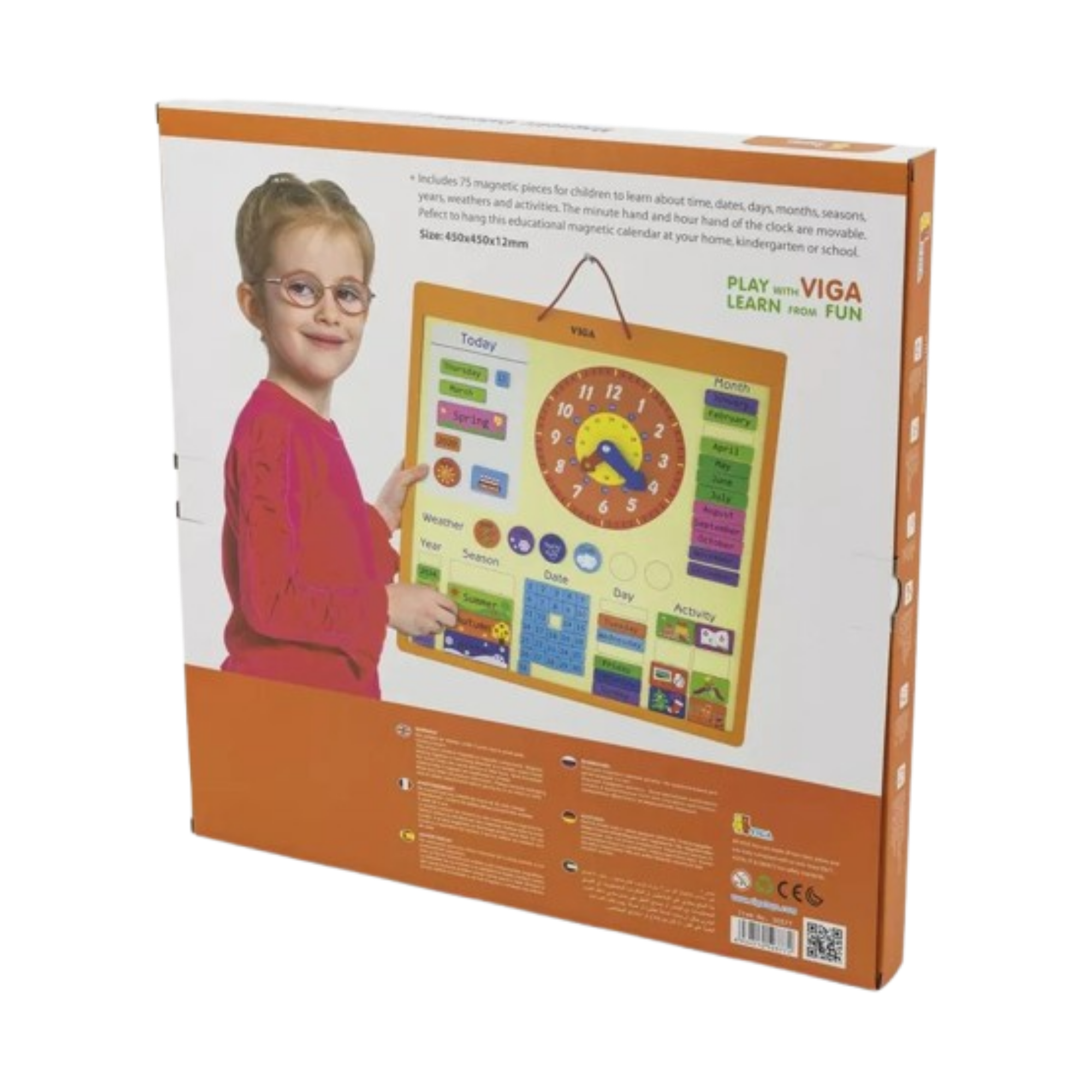 VIGA Wooden Magnetic Calendar for Kids – Montessori-Inspired Learning Calendar with 75 Pieces, Educational Wall Chart for Time, Weather, Days, and Seasons, Eco-Friendly Toy for Home & School , Ages 3+