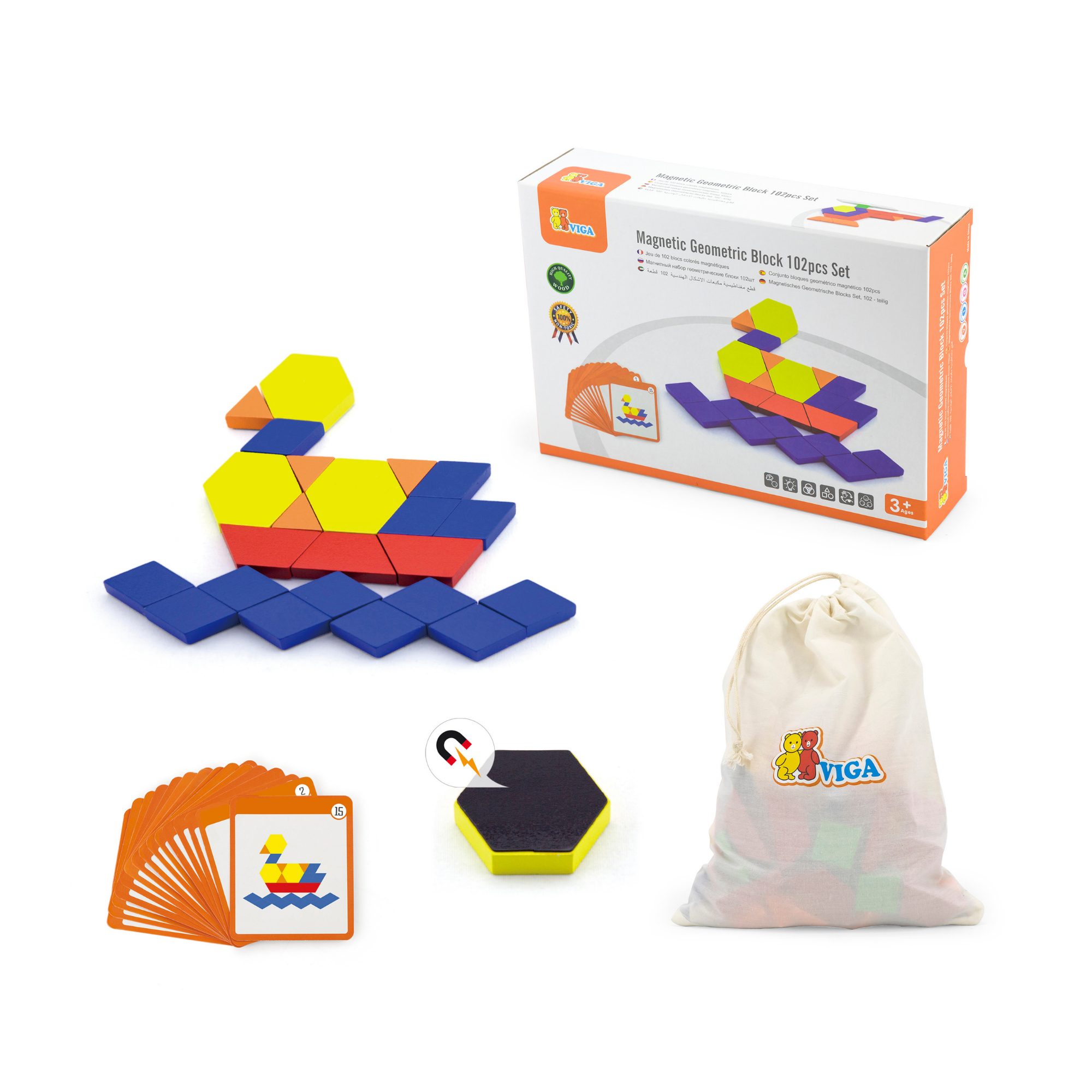 مكعبات هندسية من فيجا، 102 قطعة أحجية مغناطيسية، لعبة مونتيسوري خشبية، تنمي المهارات الحسية والإدراكية والحركية الدقيقة، غير سامة وصديقة للبيئة، لعبة تعليمية للأطفال، مناسبة للأطفال من سن 3 سنوات فما فوق