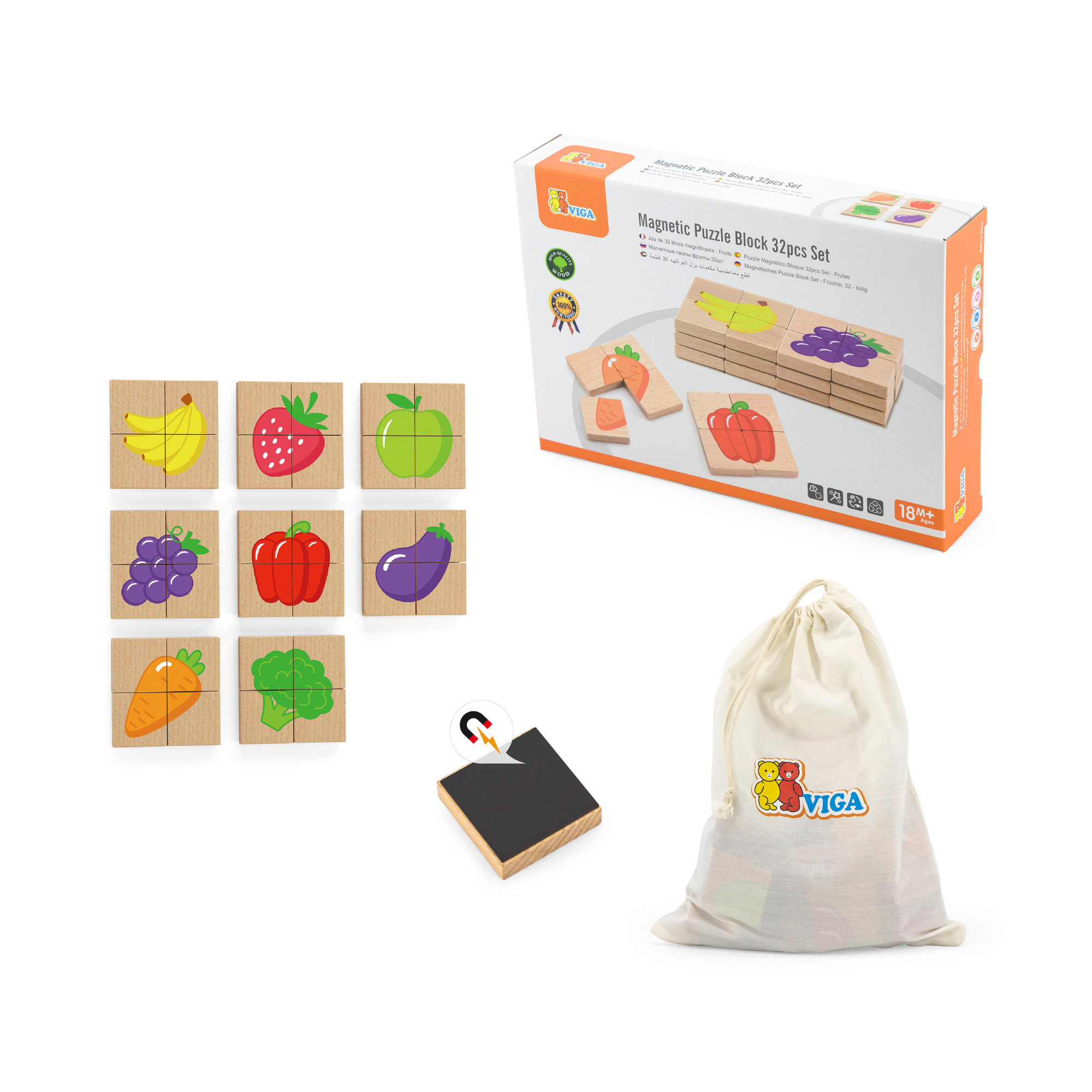 لعبة أحجية مكعبات مغناطيسية من فيجا فروتس، 32 قطعة، لعبة مونتيسوري خشبية، تنمي المهارات الحسية والإدراكية والحركية الدقيقة، غير سامة وصديقة للبيئة، مناسبة للأطفال من سن 18 شهرًا فما فوق