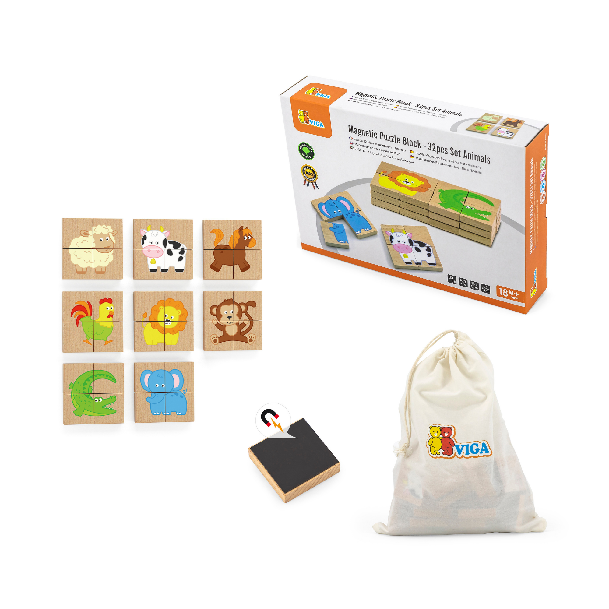 لعبة أحجية مغناطيسية من فيجا أنيمالز، 32 قطعة، لعبة مونتيسوري خشبية، تنمي المهارات الحسية والإدراكية والحركية الدقيقة، غير سامة وصديقة للبيئة، مناسبة للأطفال من سن 18 شهرًا فما فوق