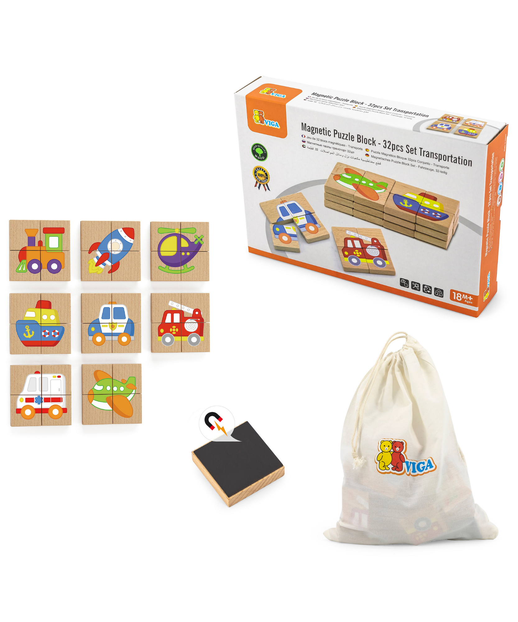 لعبة فيجا للنقل، أحجية مغناطيسية مكونة من 32 قطعة، لعبة مونتيسوري خشبية، تنمي المهارات الحسية والإدراكية والحركية الدقيقة، لعبة تعليمية للأطفال غير سامة وصديقة للبيئة، مناسبة للأطفال من سن 18 شهرًا فما فوق