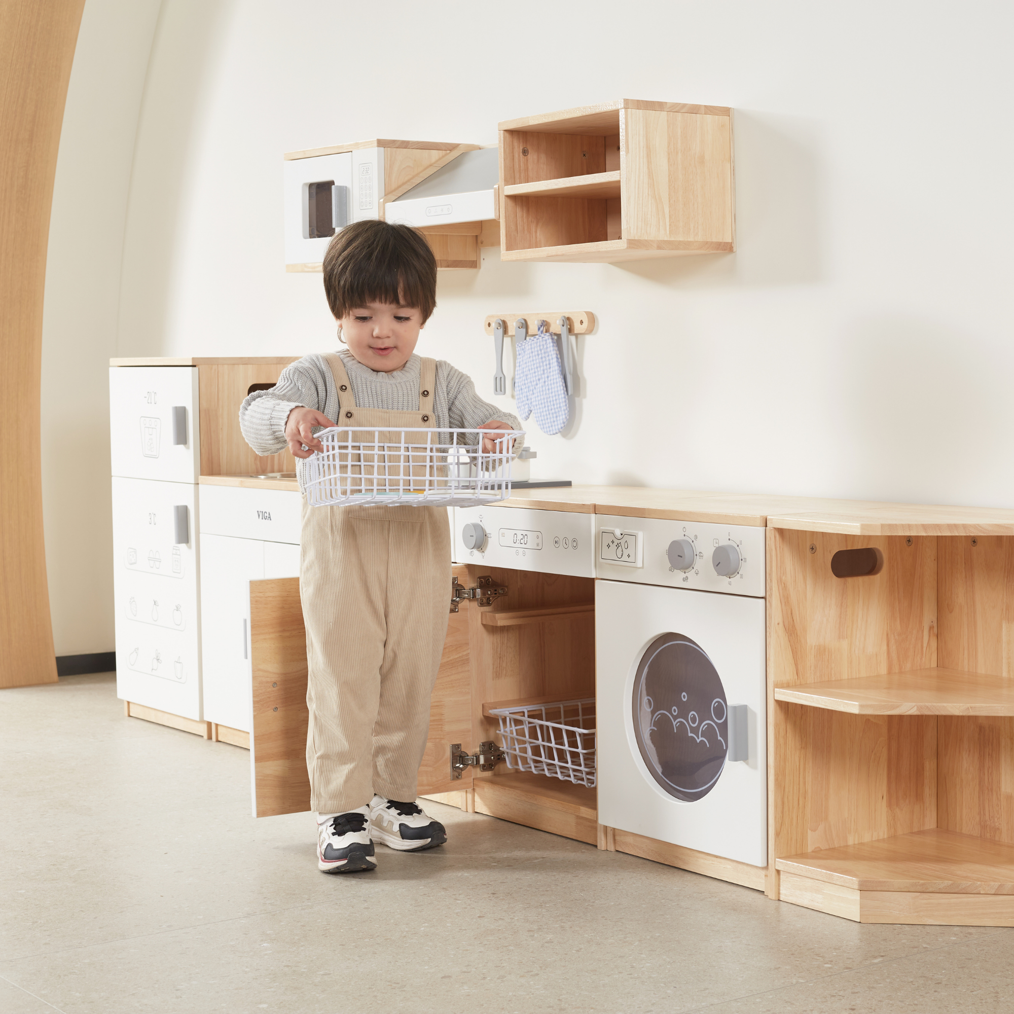 Viga White Kitchen Wall Set, Montessori Wooden Play Kitchen with Microwave, Exhaust Hood & Shelves, Pretend Play Furniture, Eco-Friendly & Non-Toxic, Develops Creativity & Coordination, Ages 3+