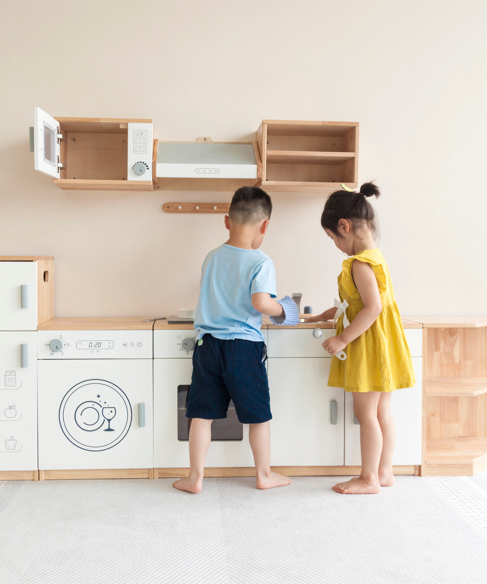 Viga White Kitchen Wall Set, Montessori Wooden Play Kitchen with Microwave, Exhaust Hood & Shelves, Pretend Play Furniture, Eco-Friendly & Non-Toxic, Develops Creativity & Coordination, Ages 3+