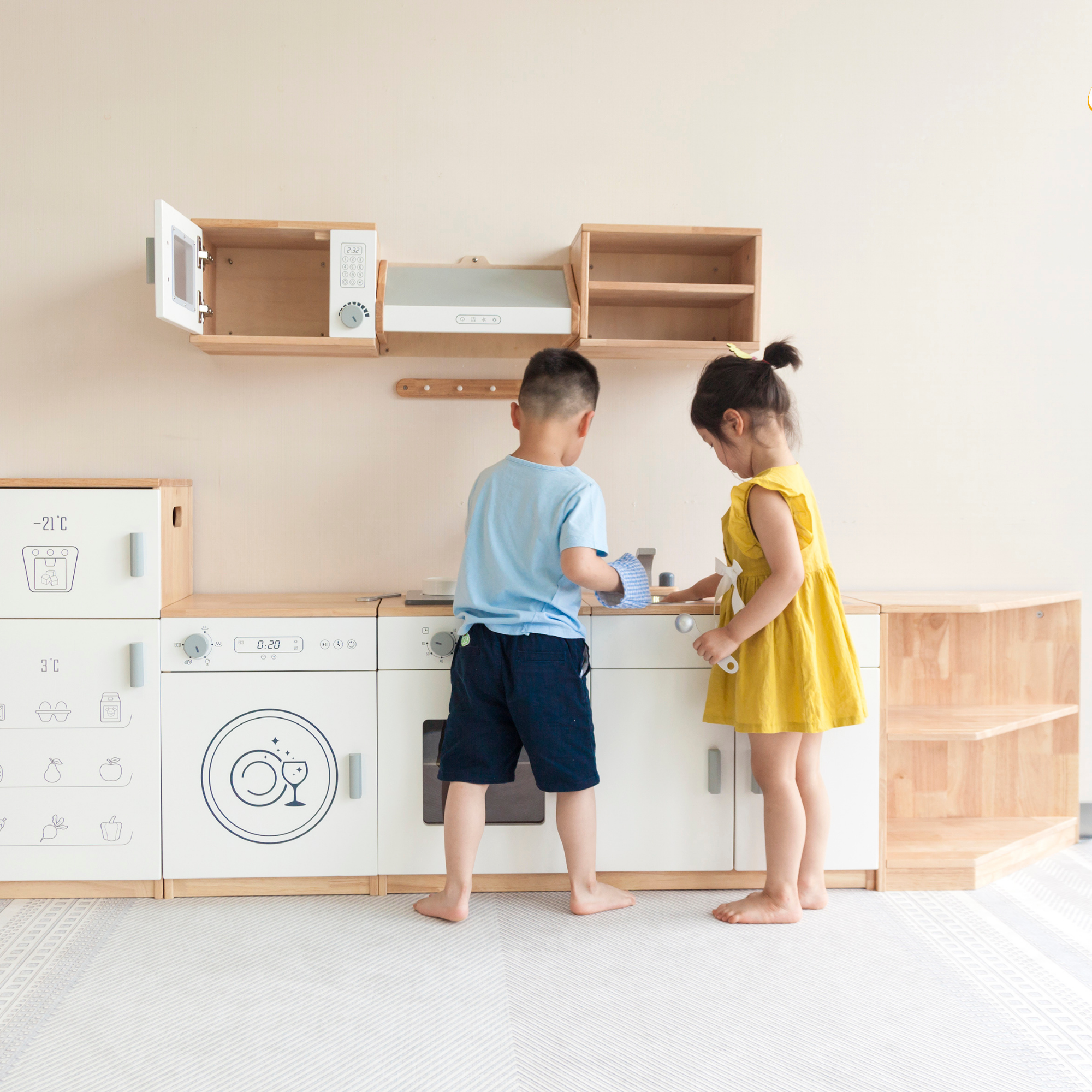 Viga White Kitchen Wall Set, Montessori Wooden Play Kitchen with Microwave, Exhaust Hood & Shelves, Pretend Play Furniture, Eco-Friendly & Non-Toxic, Develops Creativity & Coordination, Ages 3+