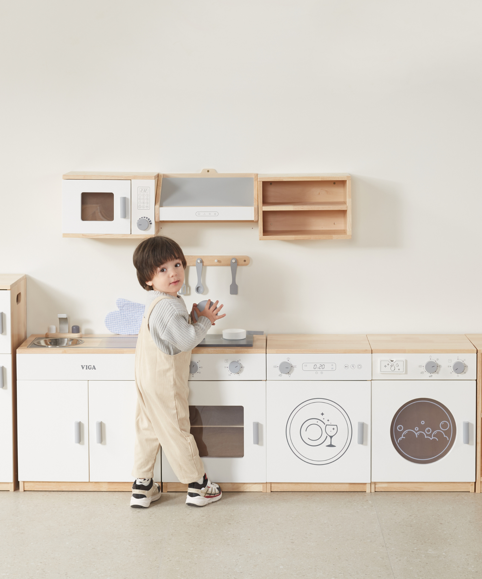 Viga White Kitchen Wall Set, Montessori Wooden Play Kitchen with Microwave, Exhaust Hood & Shelves, Pretend Play Furniture, Eco-Friendly & Non-Toxic, Develops Creativity & Coordination, Ages 3+