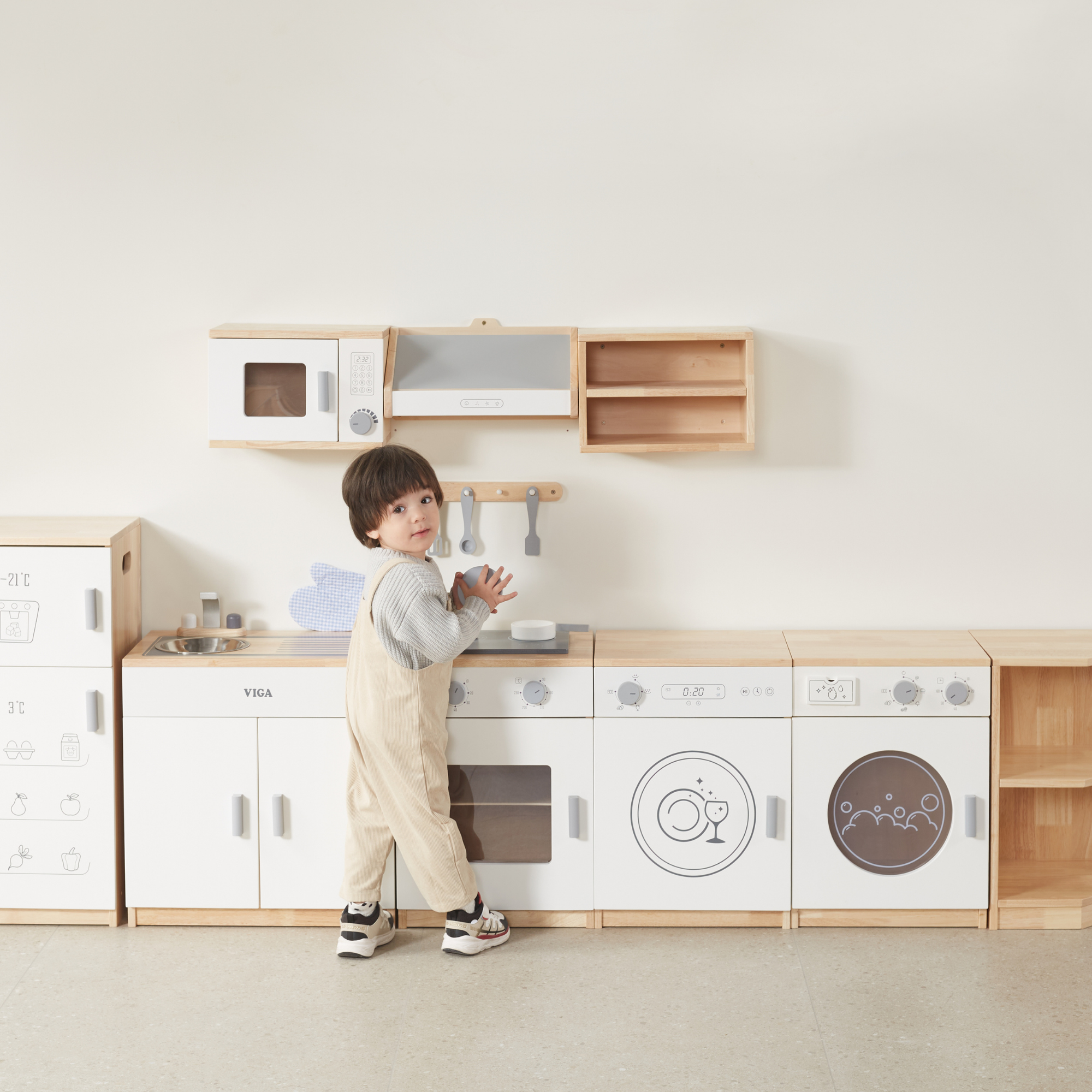 Viga White Kitchen Wall Set, Montessori Wooden Play Kitchen with Microwave, Exhaust Hood & Shelves, Pretend Play Furniture, Eco-Friendly & Non-Toxic, Develops Creativity & Coordination, Ages 3+