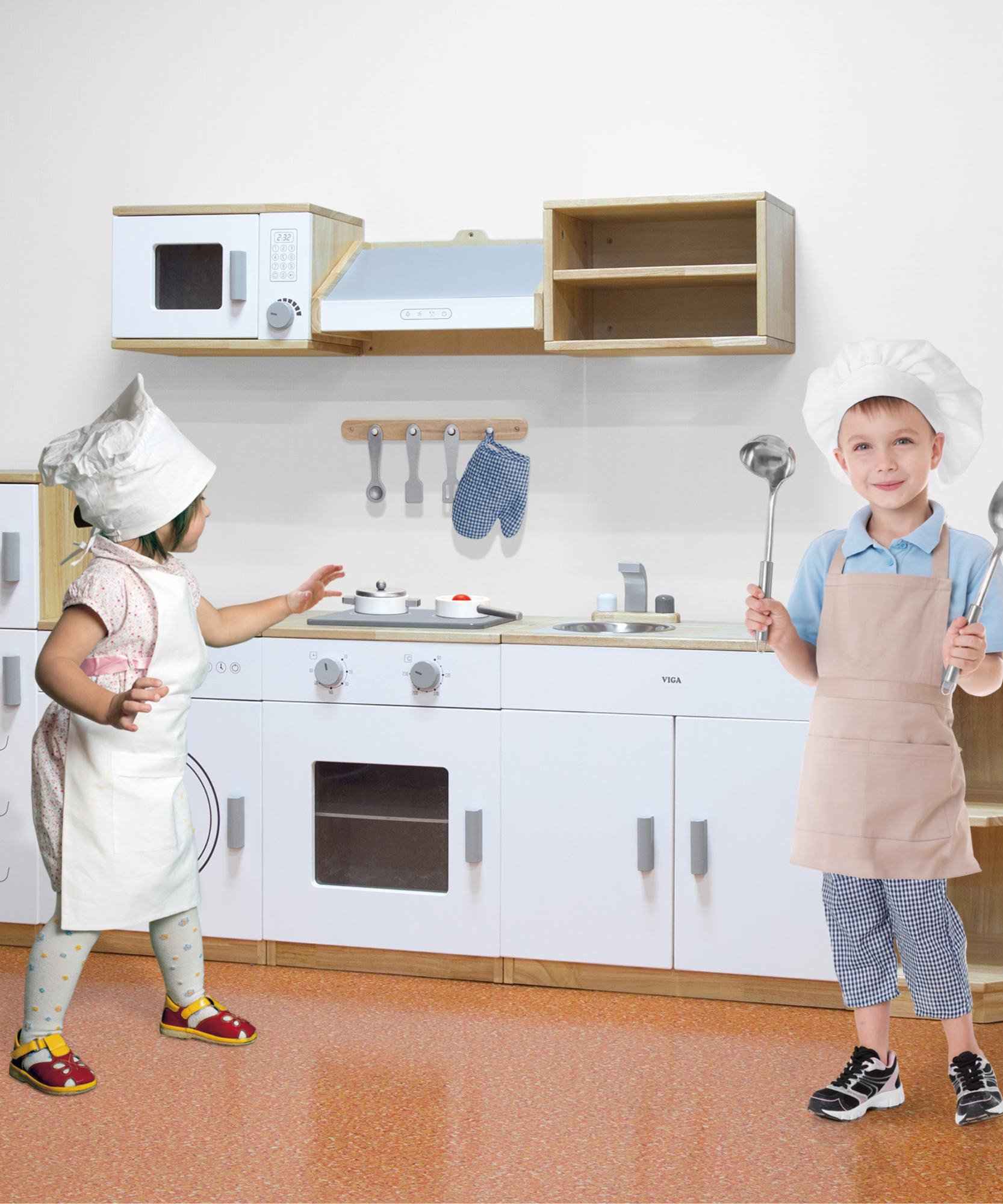 Viga White Kitchen Wall Set, Montessori Wooden Play Kitchen with Microwave, Exhaust Hood & Shelves, Pretend Play Furniture, Eco-Friendly & Non-Toxic, Develops Creativity & Coordination, Ages 3+