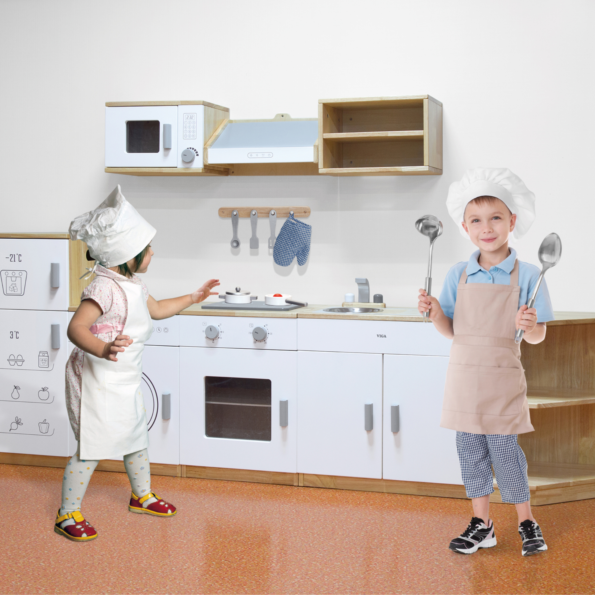 Viga White Kitchen Wall Set, Montessori Wooden Play Kitchen with Microwave, Exhaust Hood & Shelves, Pretend Play Furniture, Eco-Friendly & Non-Toxic, Develops Creativity & Coordination, Ages 3+