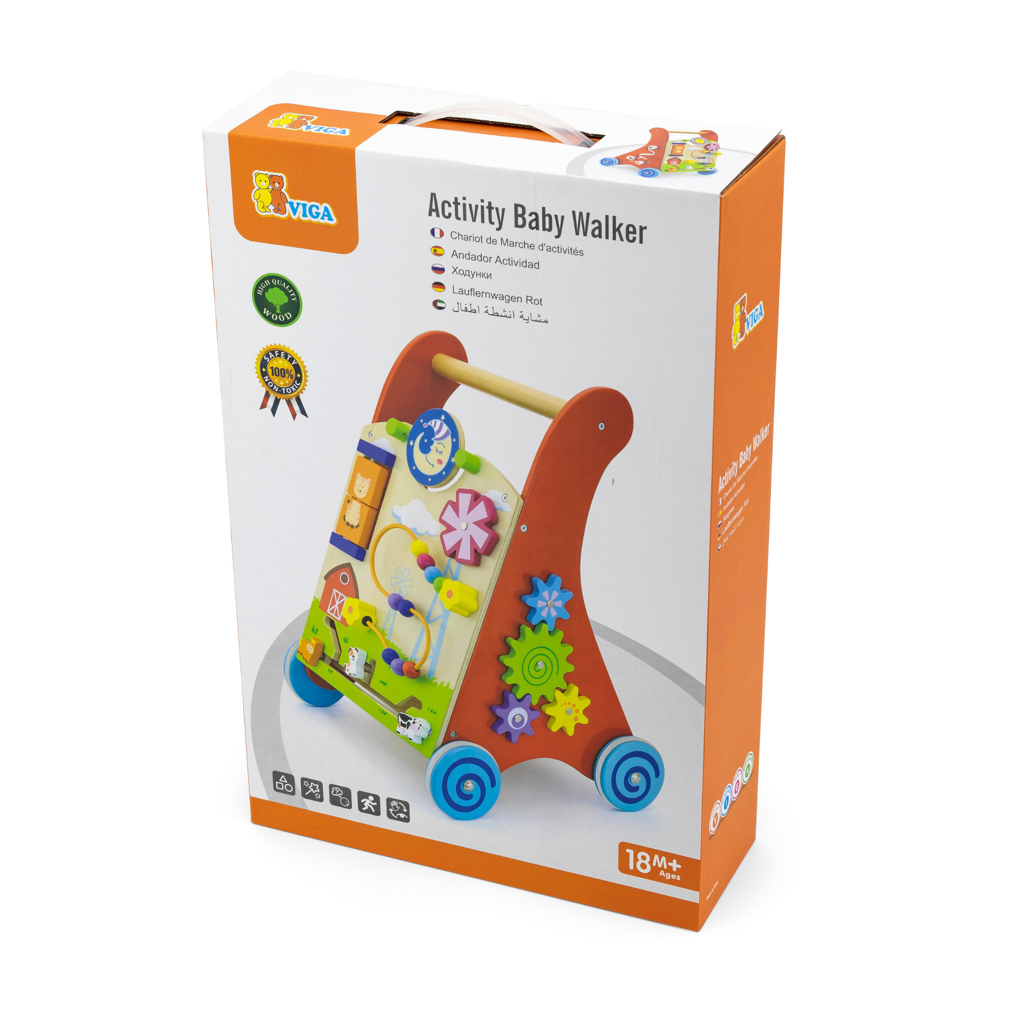 Viga Wooden Activity Baby Walker, Montessori Push Toy with Sensory Games, Eco-Friendly Toddler Walking Aid, Develops Balance, Motor Skills & Logic, Safe Non-Toxic Wood Toy, Ages 18M+