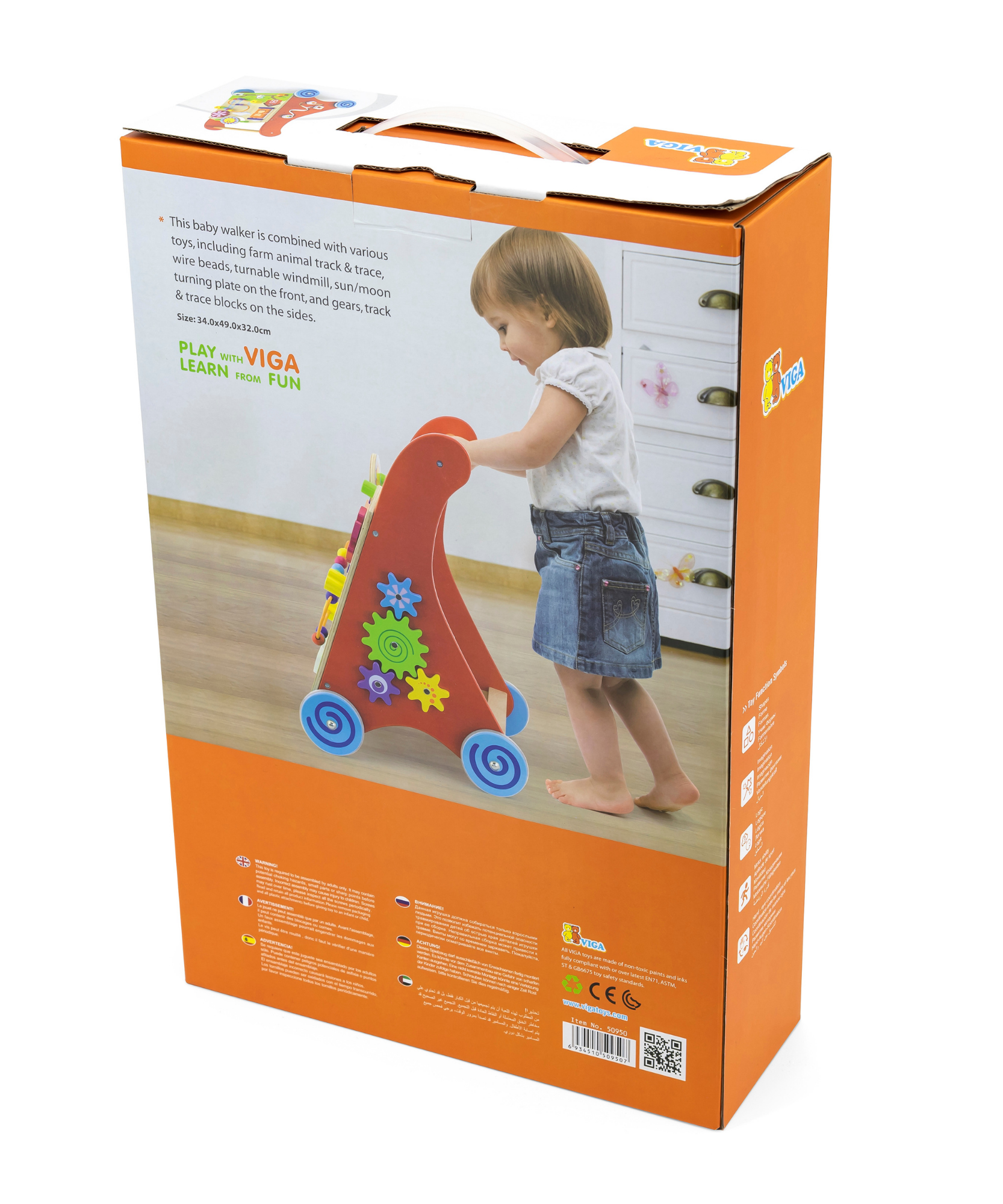 Viga Wooden Activity Baby Walker, Montessori Push Toy with Sensory Games, Eco-Friendly Toddler Walking Aid, Develops Balance, Motor Skills & Logic, Safe Non-Toxic Wood Toy, Ages 18M+