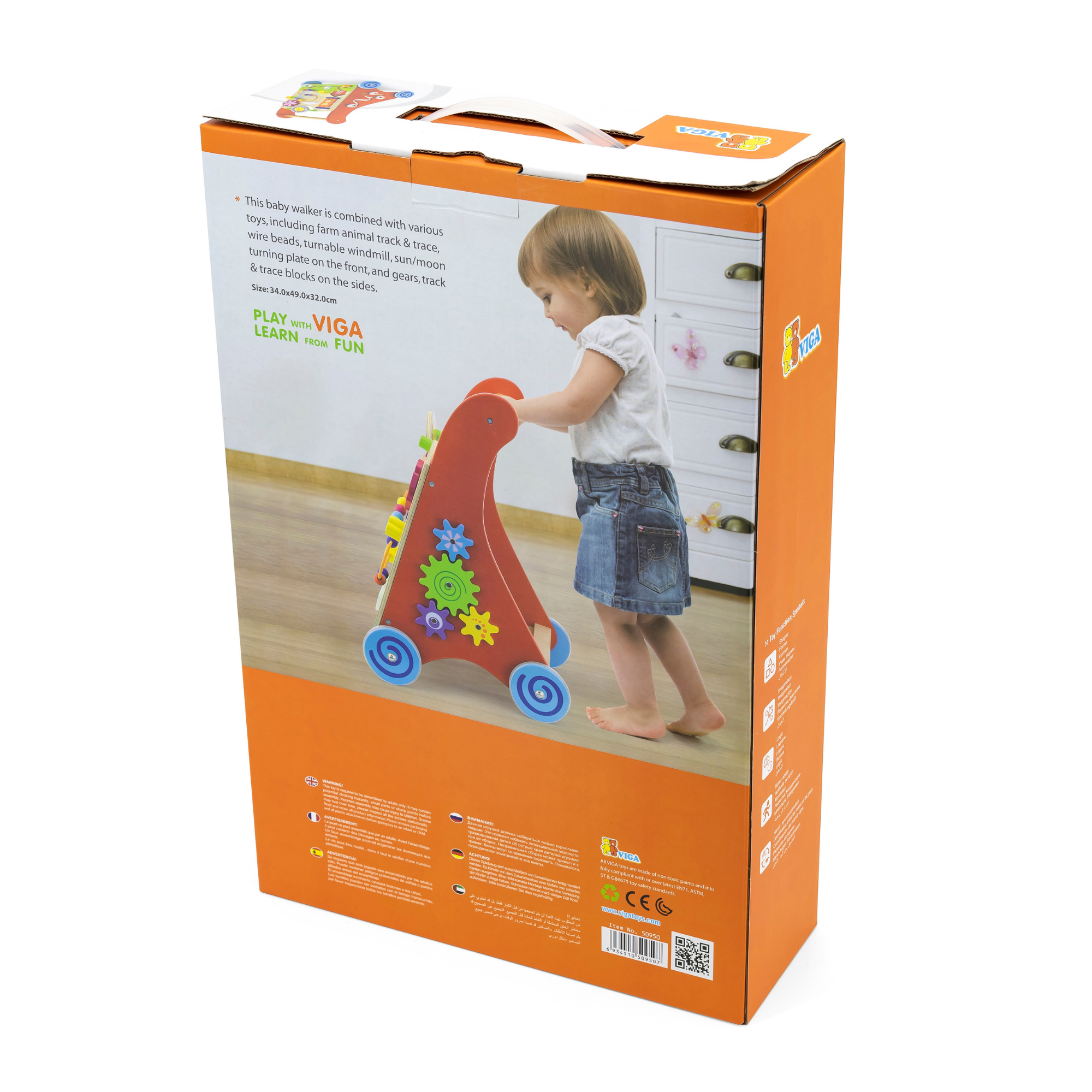 Viga Wooden Activity Baby Walker, Montessori Push Toy with Sensory Games, Eco-Friendly Toddler Walking Aid, Develops Balance, Motor Skills & Logic, Safe Non-Toxic Wood Toy, Ages 18M+