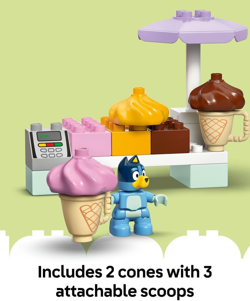 LEGO DUPLO Bluey Ice Cream Trip Toddler Toy with Vehicle Ice Cream Stand and 2 Figures including Bandit Gift for 2+ Year Old Girls and Boys 10458