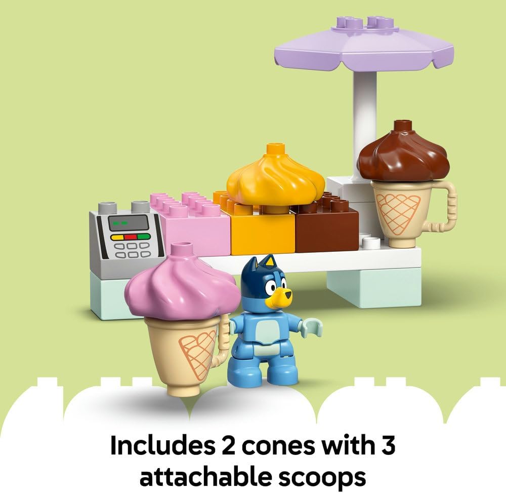 LEGO DUPLO Bluey Ice Cream Trip Toddler Toy with Vehicle Ice Cream Stand and 2 Figures including Bandit Gift for 2+ Year Old Girls and Boys 10458