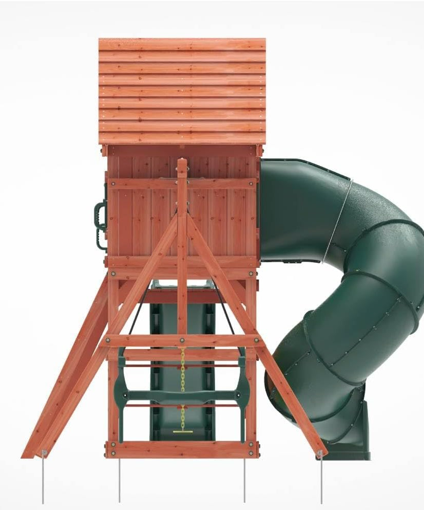 Kiddoro Little Heroes HQ Wooden Swing Set with Double Slides, Tube Slide & Climbing Wall for Kids 3+ Years