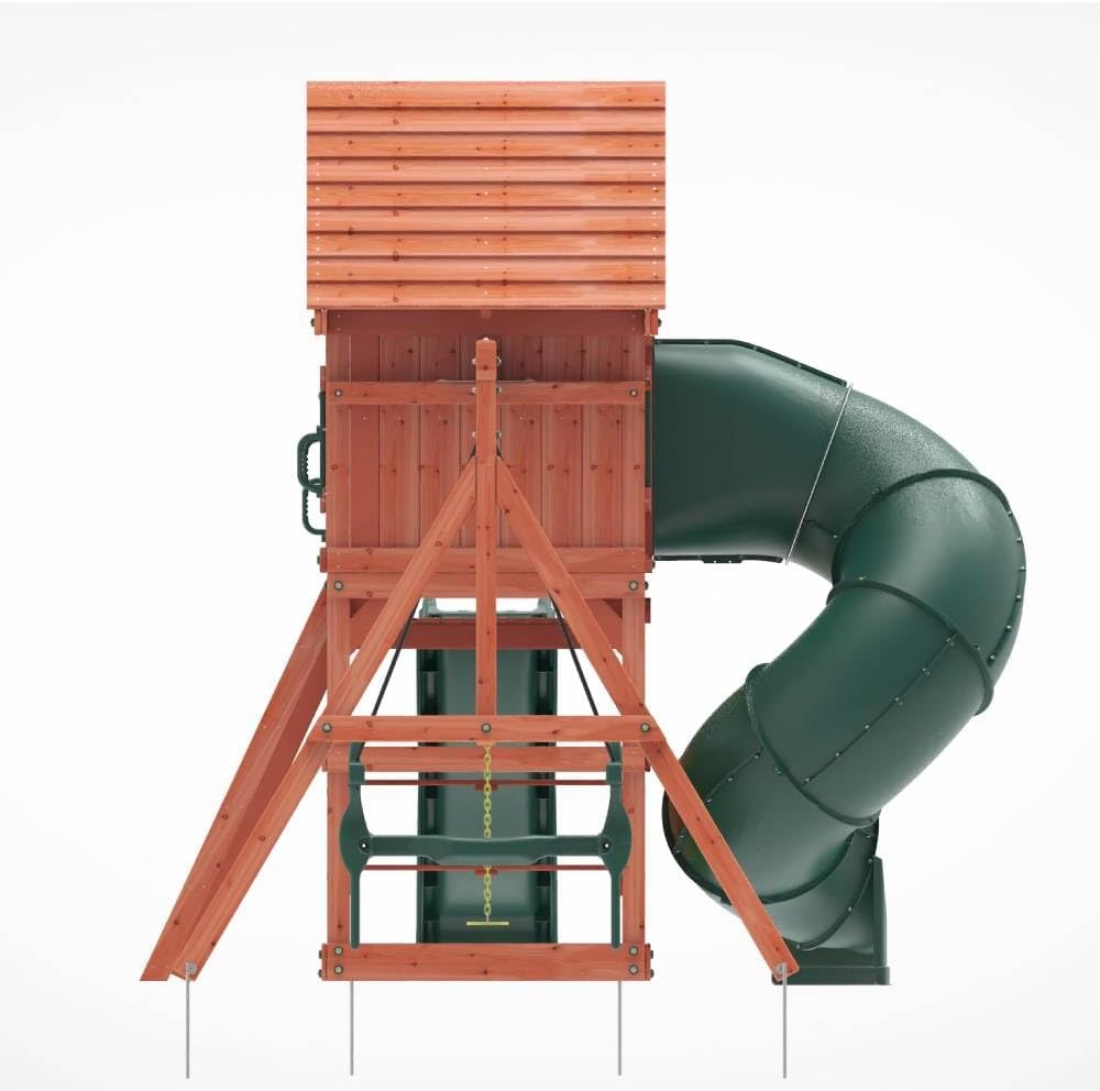 Kiddoro Little Heroes HQ Wooden Swing Set with Double Slides, Tube Slide & Climbing Wall for Kids 3+ Years