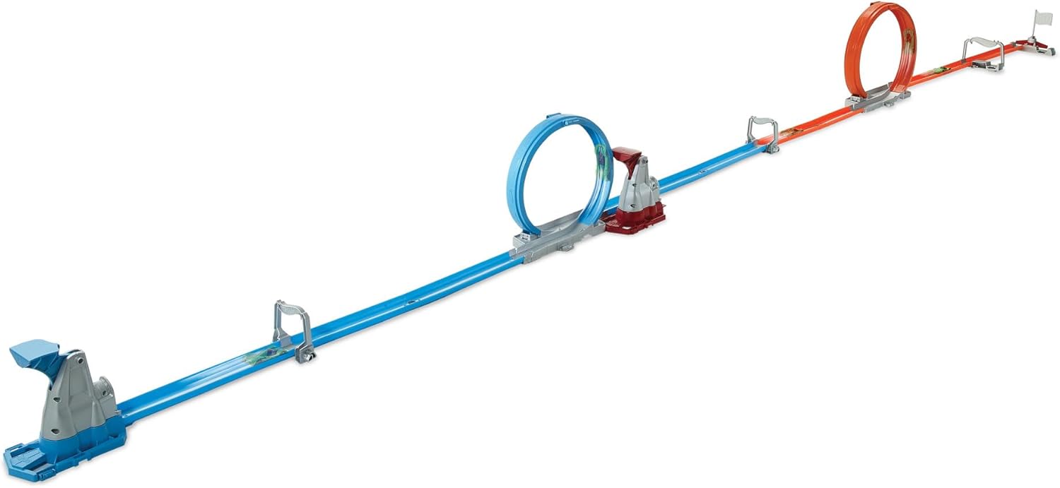 Hot Wheels Double Loop Dash Track Set, Side by Side Drag Race Track with Double Loop Stunt, Includes 2 Hot Wheels 1:64 Scale Cars, 5+ Years