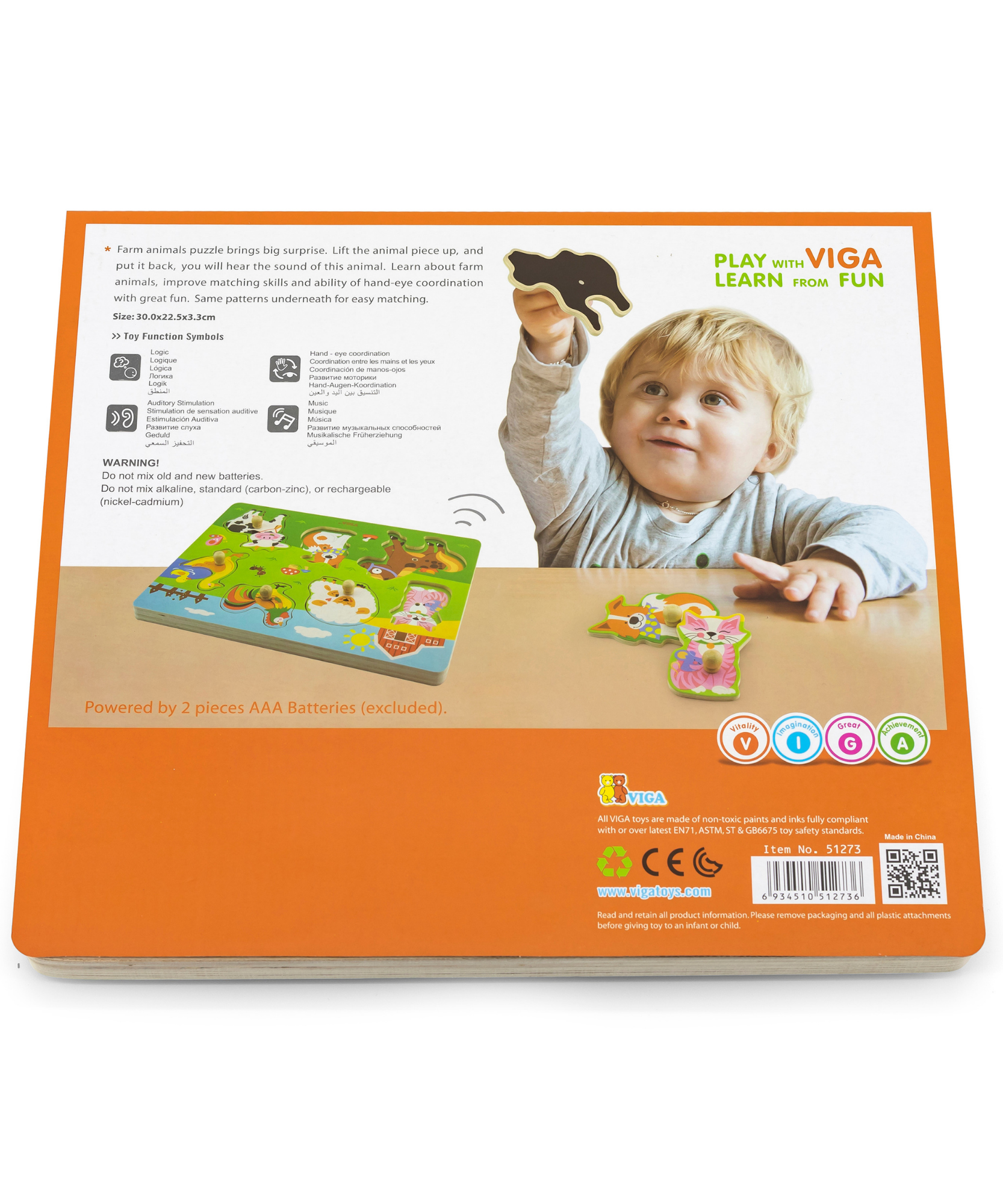 لعبة أحجية فيجا فارم أنيملز، 7 قطع مع صوت، لعبة مونتيسوري خشبية، تُنمّي المهارات الحسية والإدراكية والحركية الدقيقة، لعبة تعليمية للأطفال غير سامة وصديقة للبيئة، مناسبة للأطفال من سن 18 شهرًا فما فوق