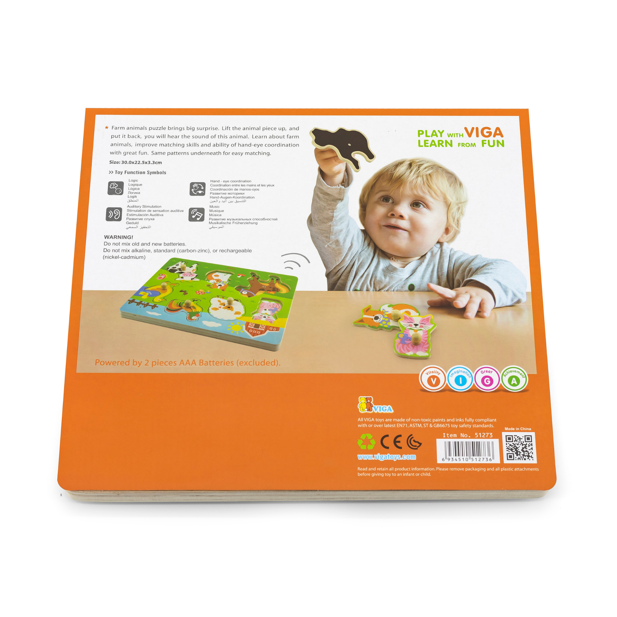 لعبة أحجية فيجا فارم أنيملز، 7 قطع مع صوت، لعبة مونتيسوري خشبية، تُنمّي المهارات الحسية والإدراكية والحركية الدقيقة، لعبة تعليمية للأطفال غير سامة وصديقة للبيئة، مناسبة للأطفال من سن 18 شهرًا فما فوق