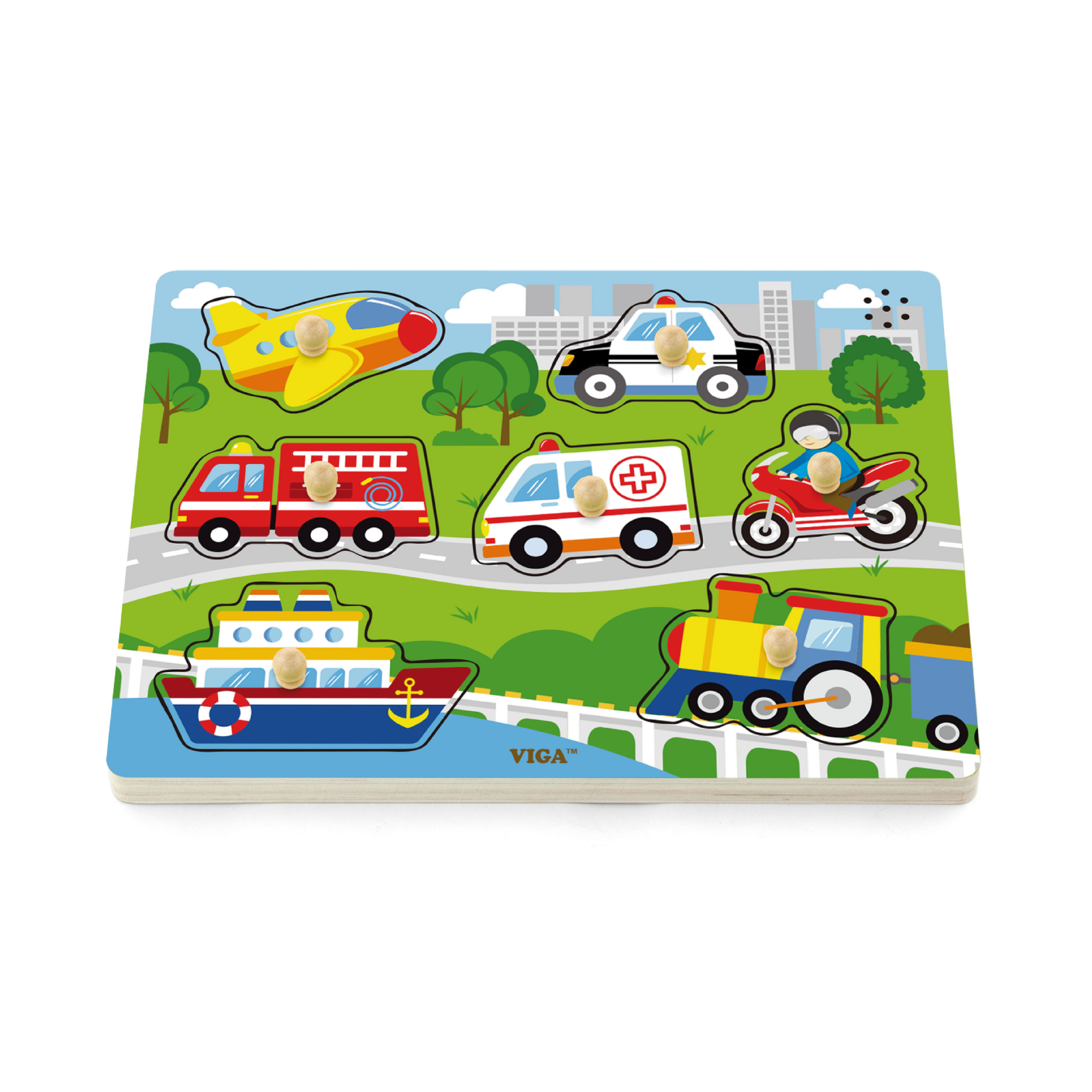 Viga Transportation, 7 Piece Block Puzzle with Sound, Montessori Wooden Toy, Develops Sensory, Cognitive & Fine Motor Skills, Non-Toxic & Eco-friendly Kids Educational Toy, Suitable for Children 18M+