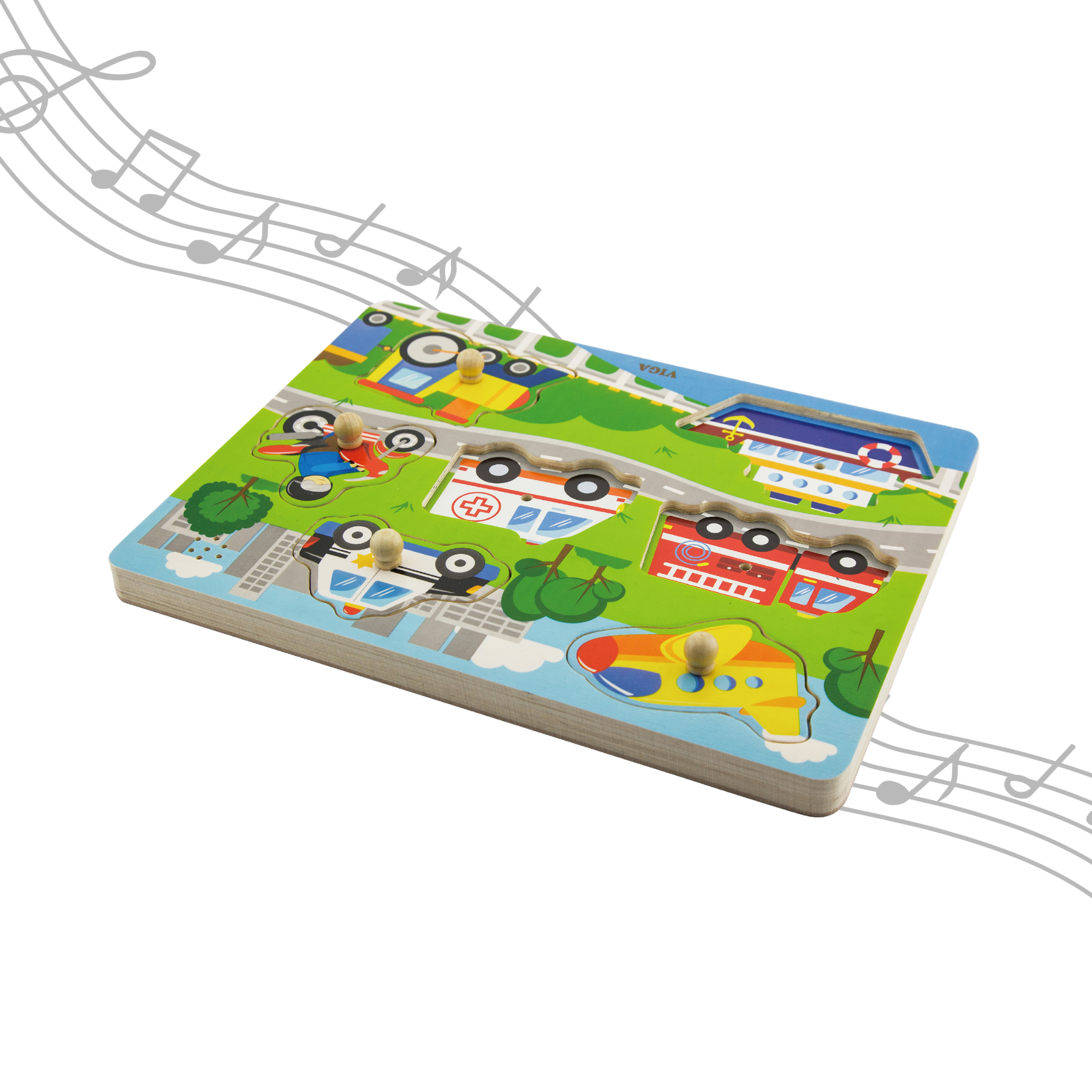 Viga Transportation, 7 Piece Block Puzzle with Sound, Montessori Wooden Toy, Develops Sensory, Cognitive & Fine Motor Skills, Non-Toxic & Eco-friendly Kids Educational Toy, Suitable for Children 18M+