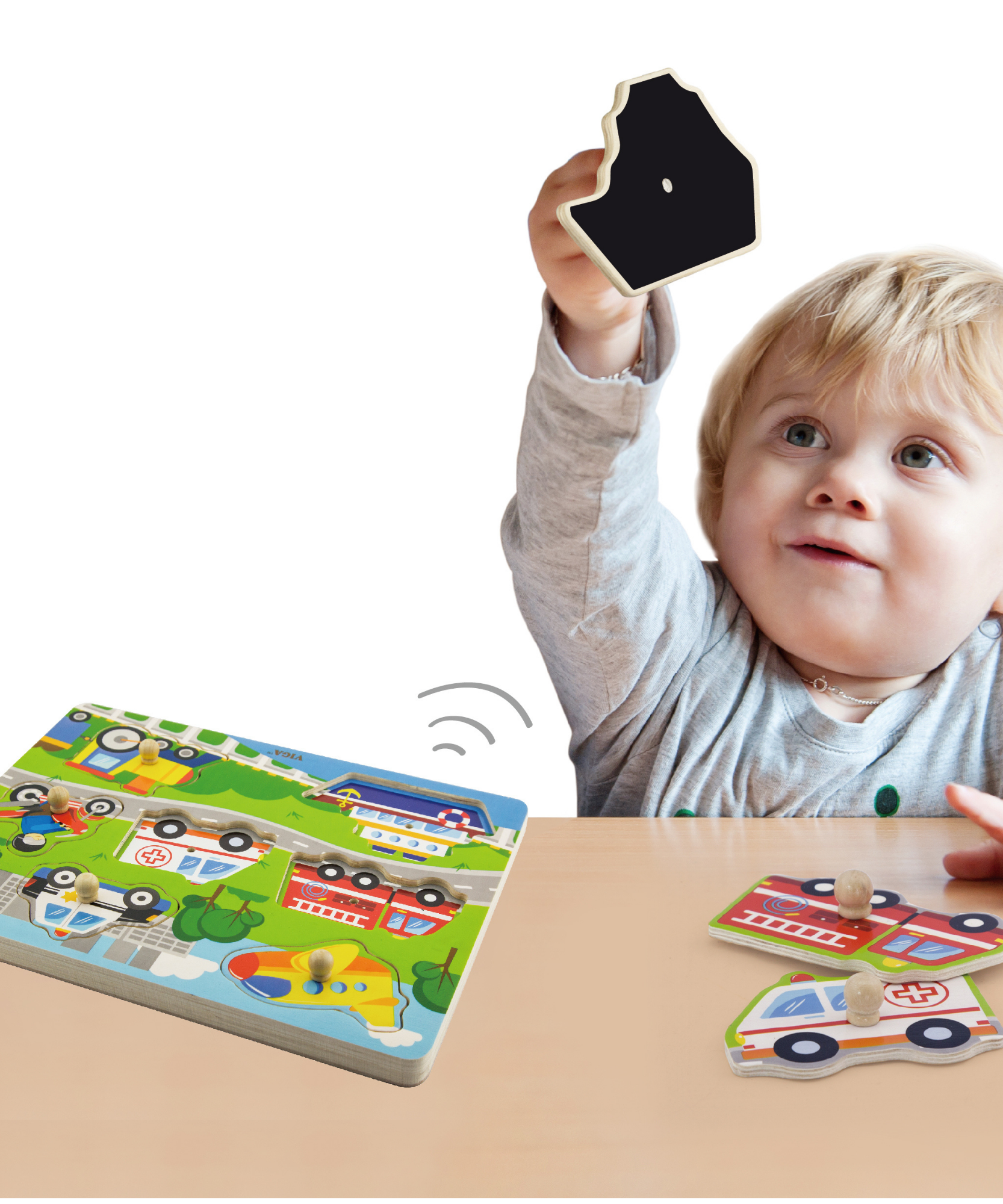 Viga Transportation, 7 Piece Block Puzzle with Sound, Montessori Wooden Toy, Develops Sensory, Cognitive & Fine Motor Skills, Non-Toxic & Eco-friendly Kids Educational Toy, Suitable for Children 18M+