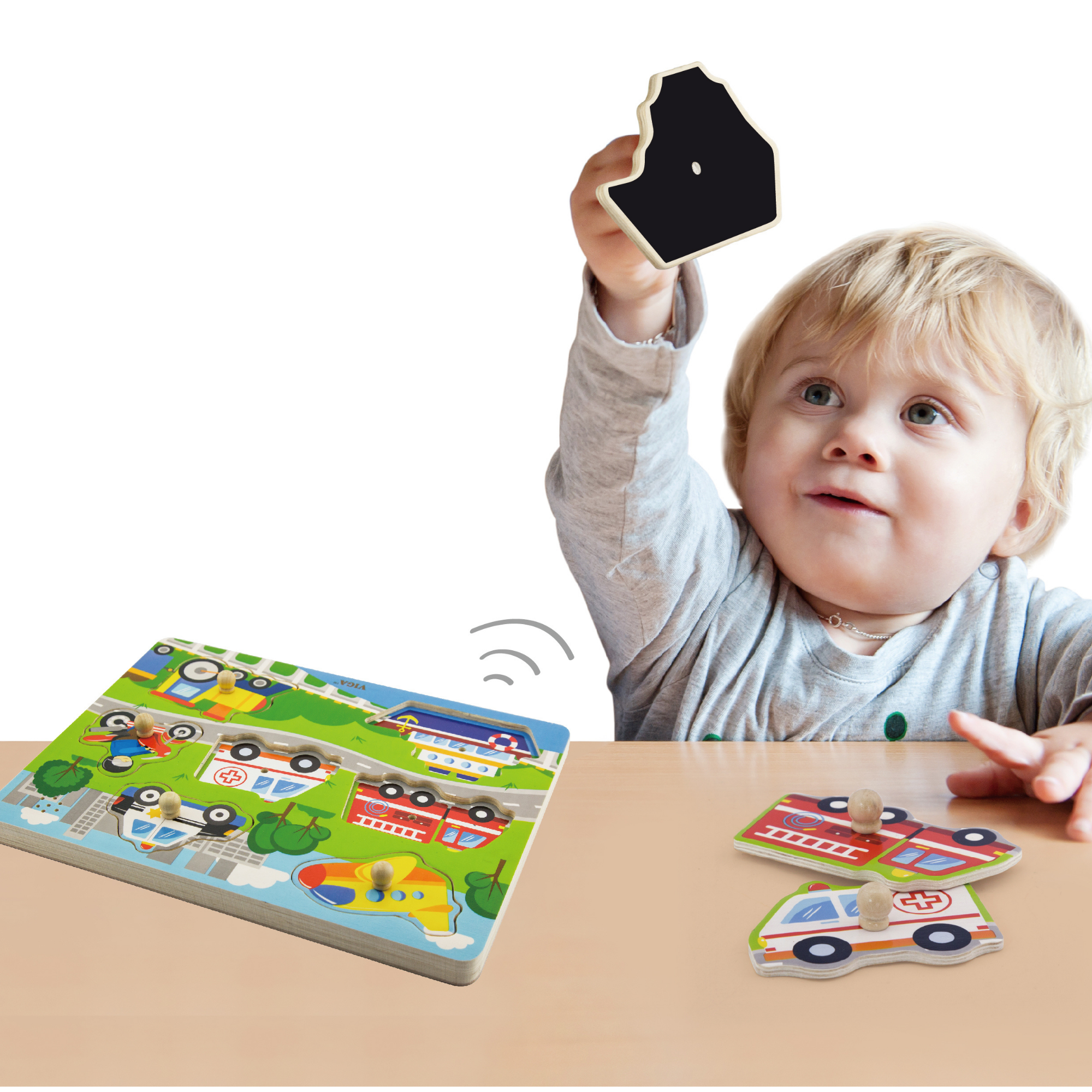 Viga Transportation, 7 Piece Block Puzzle with Sound, Montessori Wooden Toy, Develops Sensory, Cognitive & Fine Motor Skills, Non-Toxic & Eco-friendly Kids Educational Toy, Suitable for Children 18M+