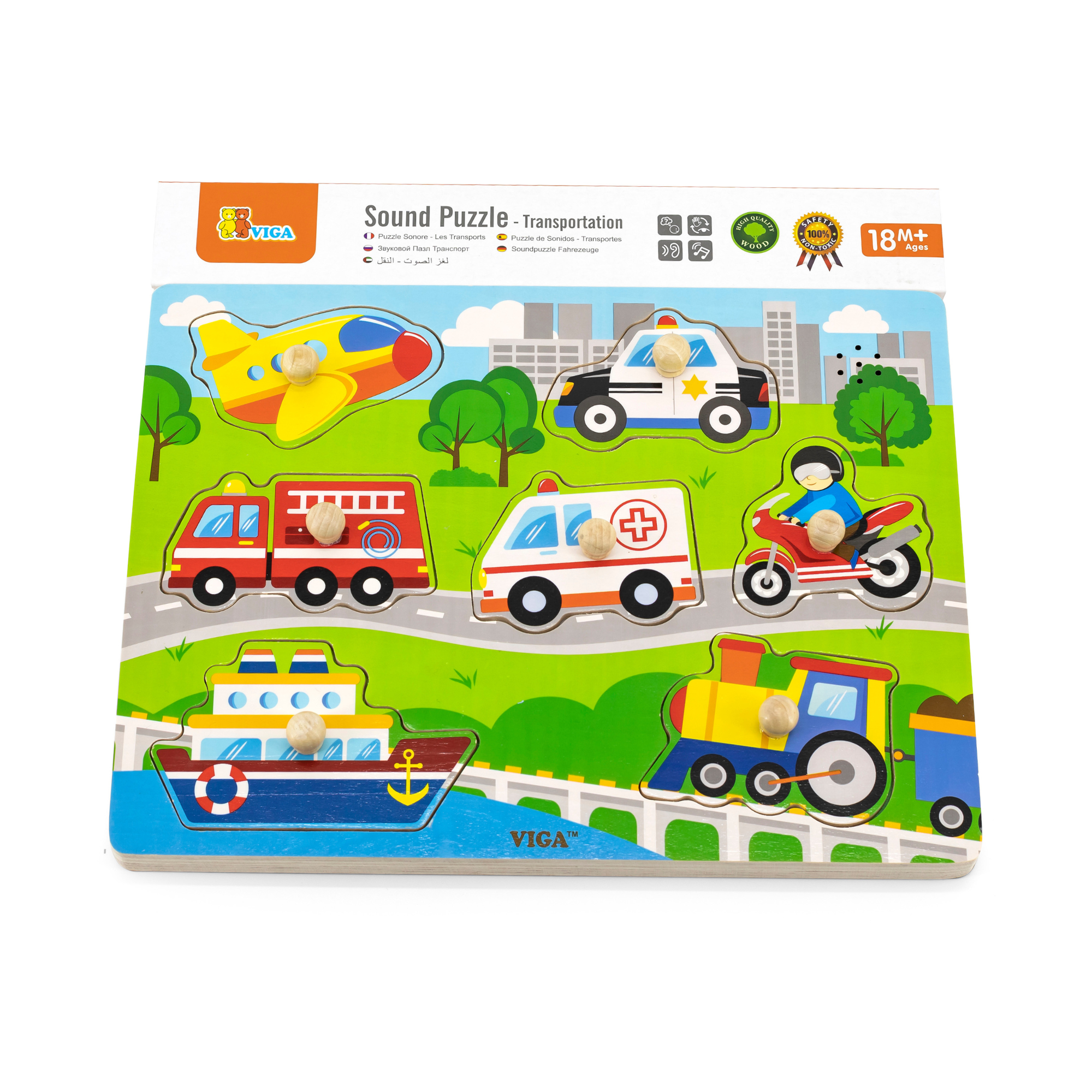 Viga Transportation, 7 Piece Block Puzzle with Sound, Montessori Wooden Toy, Develops Sensory, Cognitive & Fine Motor Skills, Non-Toxic & Eco-friendly Kids Educational Toy, Suitable for Children 18M+