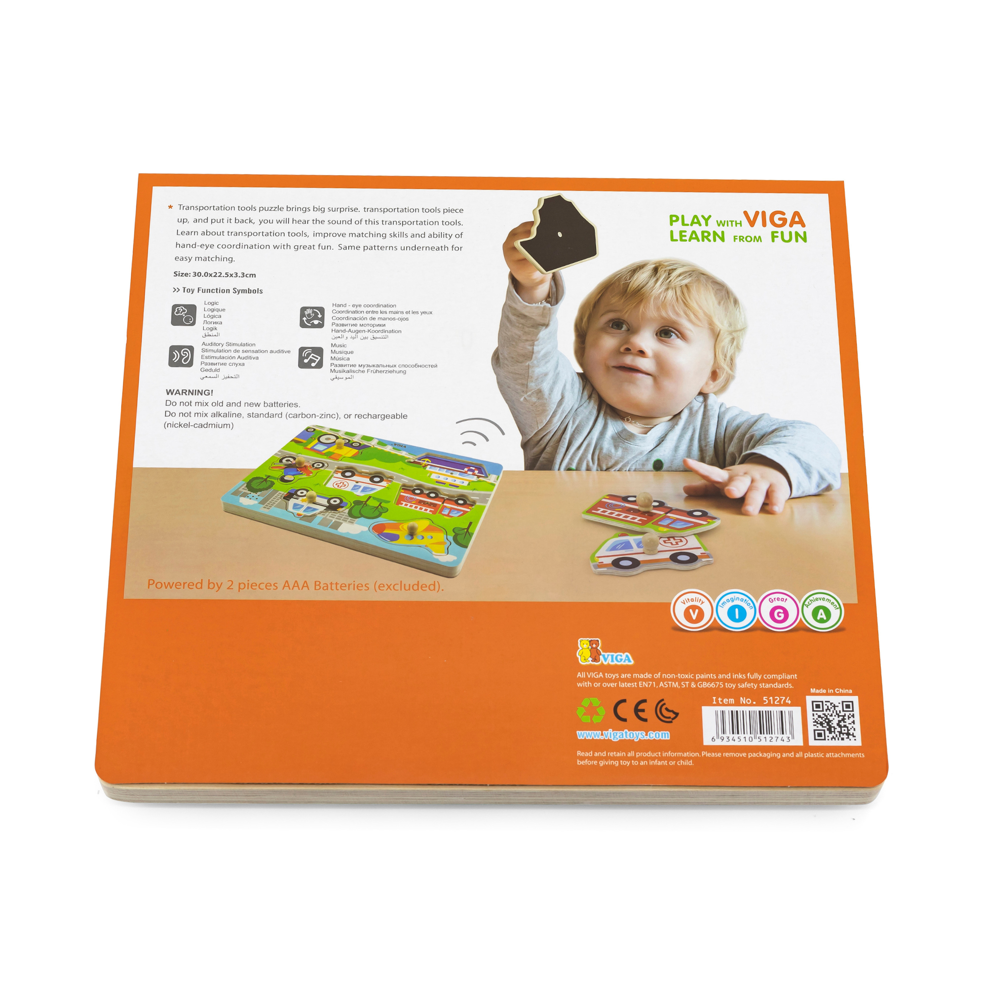 Viga Transportation, 7 Piece Block Puzzle with Sound, Montessori Wooden Toy, Develops Sensory, Cognitive & Fine Motor Skills, Non-Toxic & Eco-friendly Kids Educational Toy, Suitable for Children 18M+