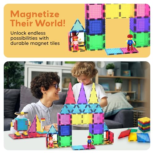 PicassoTiles 63 Pcs Magnetic Building Block Tiles with 2 Character Figures Construction Stacking STEM 3D Toy Set Creative Educational Learning Kit Magnet Montessori Playset for Kids & Toddlers Ages 3+
