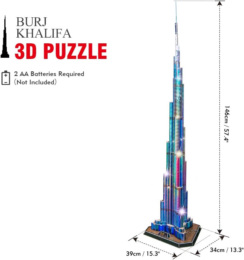 CubicFun 3D Puzzle LED Burj Khalifa Dubai Model Kit 136 Pieces Architecture Building Set for Adults + Teens Souvenir Display Gift