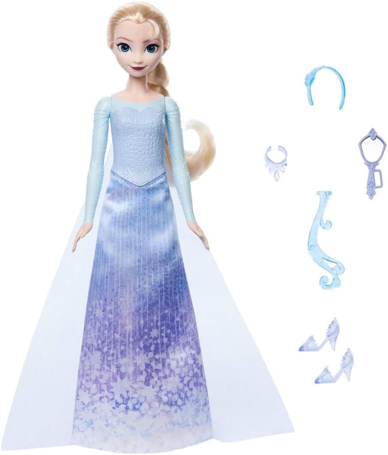 Mattel Disney Frozen Elsa Fashion Doll Set Spin & Reveal with 11 Surprises Including 5 Accessories, 5 Stickers and a Play Scene Inspired by Disney Movie JBG59