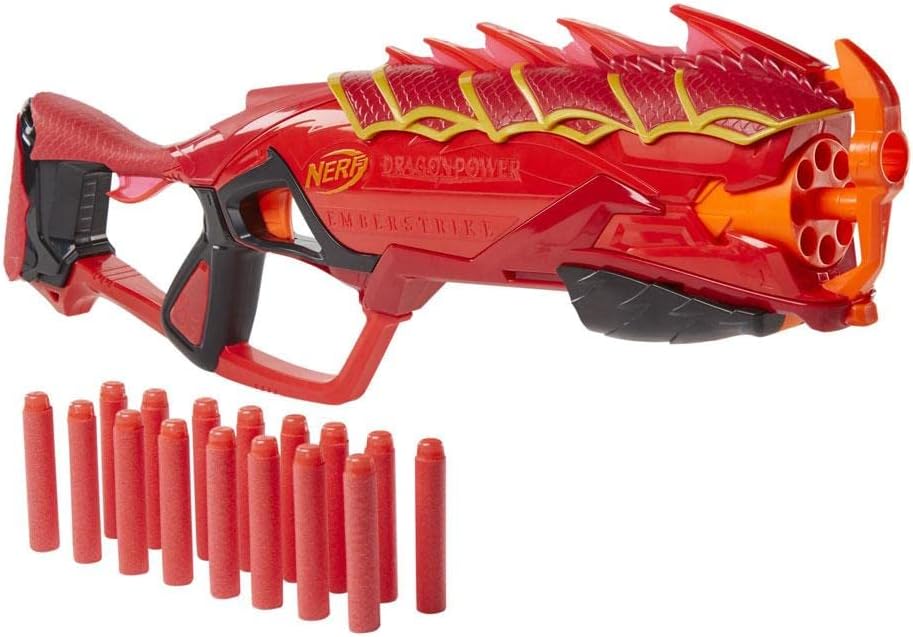 Nerf DragonPower Emberstrike Blaster, Dungeons & Dragons Inspired, 8-Dart Rotating Drum, Pump-Action, Includes 16 Nerf Elite Darts & Dart Storage, Toy Blaster for Kids Ages 8+