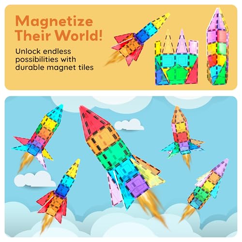 PicassoTiles 32 Piece Magnetic Building Block Rocket Booster Theme Set Magnet Construction Toy Educational Kit Engineering STEM Learning Playset Child Brain Development Stacking Blocks Playboard PT32