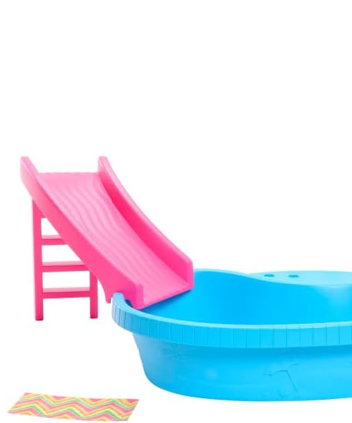 Barbie Doll and Pool Playset, Blonde with Pool, Slide, Towel and Drink Accessories