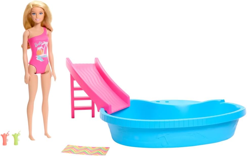 Barbie Doll and Pool Playset, Blonde with Pool, Slide, Towel and Drink Accessories