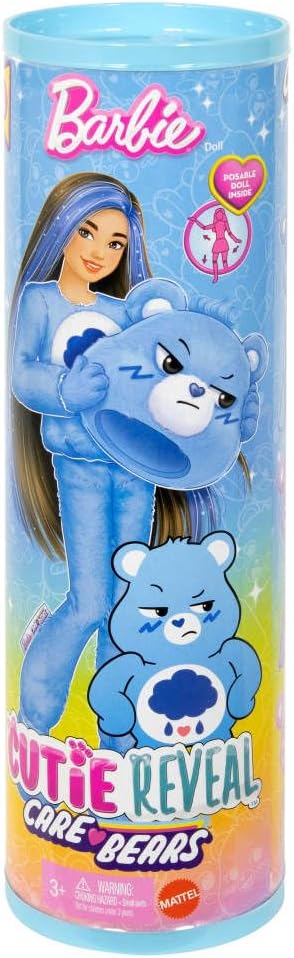 Barbie Cutie Reveal Doll & Accessories, Care Bears Series, Grumpy Bear Plush Costume with 10 Surprises, Color Change & Mini Bear, Fashion Doll for Kids 3+