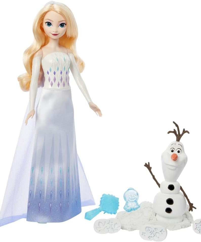 Mattel Disney Frozen Elsa Fashion Doll & Sand Set with Olaf Figure, Moldable “Snow” Sand & 4 Stampers, Elsa & Olaf Adventures, Inspired by Disney Movie
