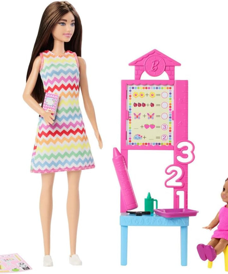 Barbie Teacher Doll with Brunette Fashion, 1 Toddler, & Classroom Accessories, Career Playset for Kids 3+