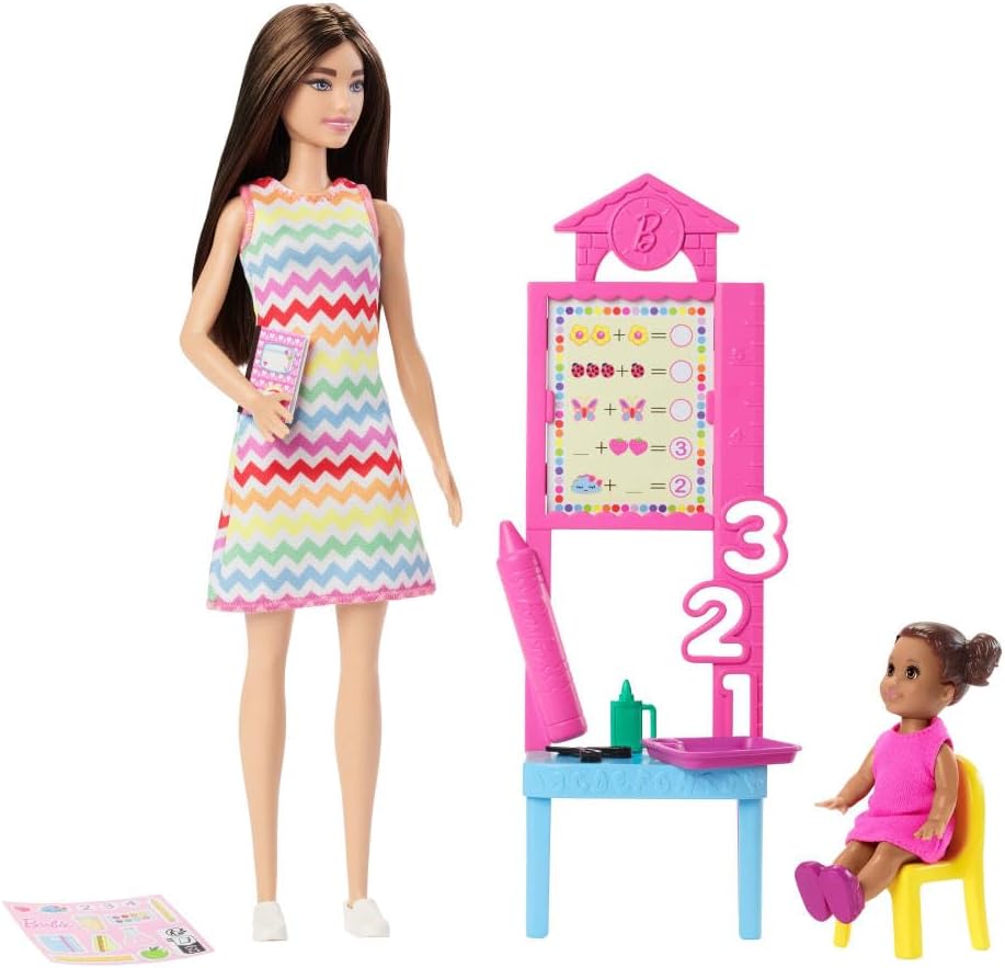 Barbie Teacher Doll with Brunette Fashion, 1 Toddler, & Classroom Accessories, Career Playset for Kids 3+