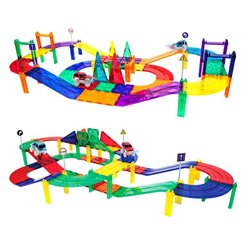 PicassoTiles 50 Piece Race Car Track Building Block Educational Toy Set Magnetic Tiles Magnet DIY Playset 2 Light Up Car STEM Learning Construction Kit Hand-Eye Coordination Fine Motor Skill Training