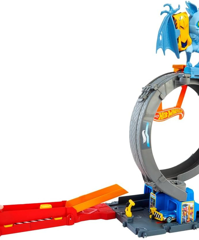 Hot Wheels City Bat Loop Attack Playset with Rotating Tire Loop, Adjustable Launcher & 1:64 Scale Toy Car, Connectable Track Set for Kids 4+