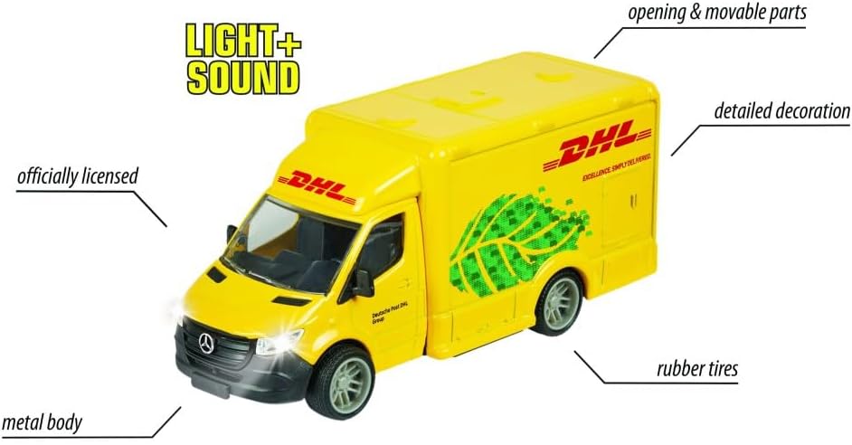 Majorette Grand Series City – Mercedes-Benz Sprinter DHL Die-Cast Delivery Van with Light & Sound Effects, Opening Doors, and Realistic Rubber Tyres, One Size