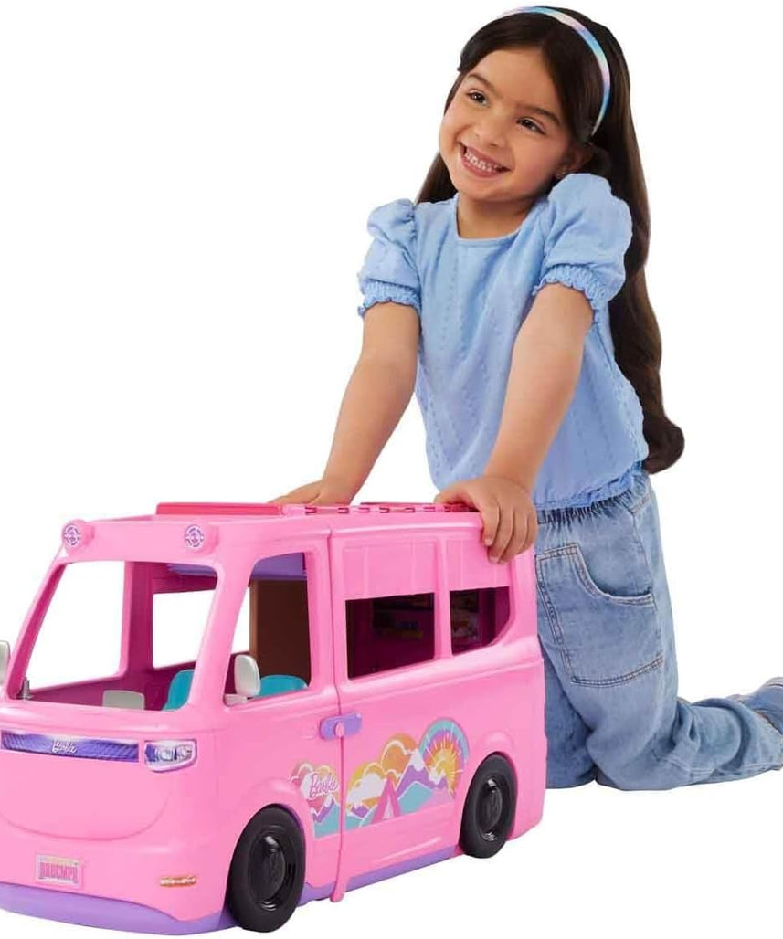 Barbie Dream Camper Playset with Roof Tent, Swing Chair, Fishing Pond, BBQ Grill with Color-Change Feature & 60+ Accessories Including Dough, HRJ78