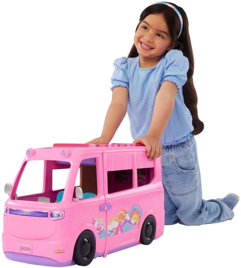 Barbie Dream Camper Playset with Roof Tent, Swing Chair, Fishing Pond, BBQ Grill with Color-Change Feature & 60+ Accessories Including Dough, HRJ78