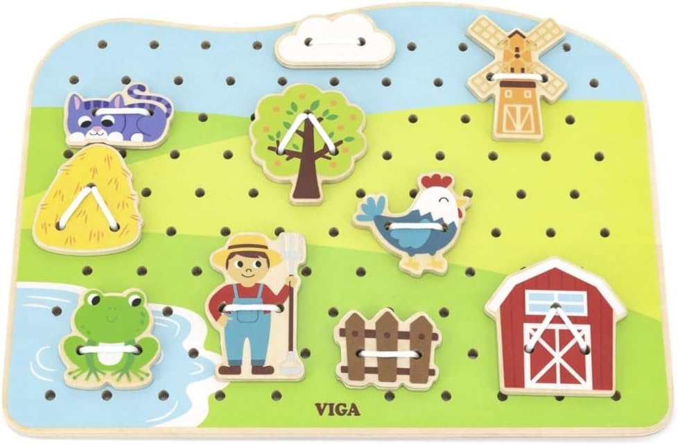 Viga Wooden Farm Lacing Game Set, Educational Wooden Threading Toy with 20 Lacing Plates, 3 Threads and 10 Pattern Cards, Fine Motor Skills Activity for Kids, Ages 2+