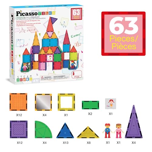PicassoTiles 63 Pcs Magnetic Building Block Tiles with 2 Character Figures Construction Stacking STEM 3D Toy Set Creative Educational Learning Kit Magnet Montessori Playset for Kids & Toddlers Ages 3+
