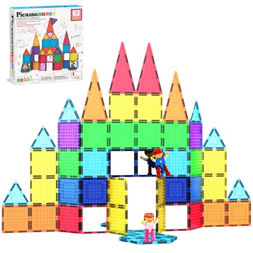 PicassoTiles 63 Pcs Magnetic Building Block Tiles with 2 Character Figures Construction Stacking STEM 3D Toy Set Creative Educational Learning Kit Magnet Montessori Playset for Kids & Toddlers Ages 3+
