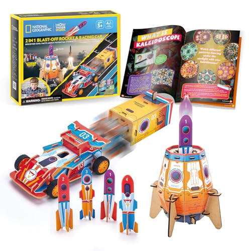 National Geographic 3D Puzzle 2In1 Blast-Off Rocket & Racing Car 59-Pieces by Cubic Fun, STEM Learning, Build Things with Read-Along Adventure, Educational Puzzle, Learn & Fun Toys, For Kids 5 Years+