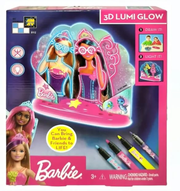Barbie Shell Lumi Glow Set Battery Operated 3D Art Kit with LED Light Base, Clear Board, Magic Markers, and Pre-Designed Pictures, Creative Craft Toy for Kids, 3Y+ Years
