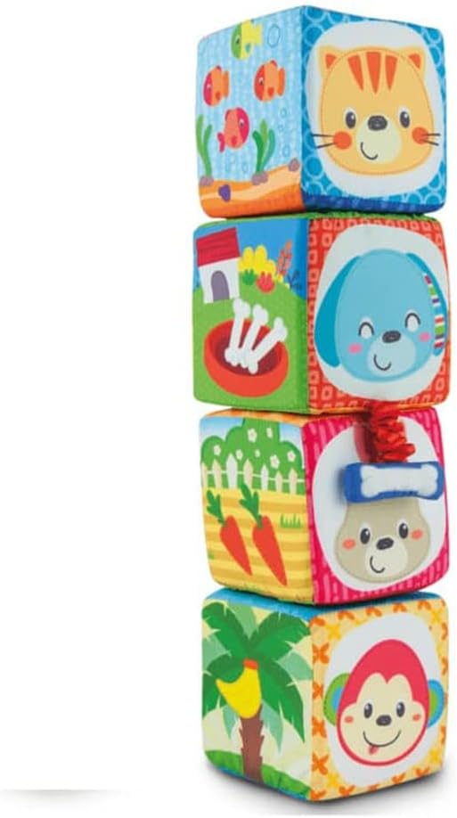 Winfun Animal Pals Soft Blocks Set of Chunky Sensory Foam Blocks for Infants and Toddlers, Interactive Learning Cubes with Textures, Bright Animal Prints, Counting, Shapes, and Baby-Safe Mirror, Ages 3 Months+